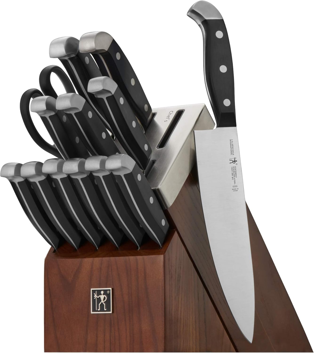 HENCKELS Statement 14Piece Serrated Self-Sharpening Knife Block Set, Ash Wood in Espresso - Razor Sharp, Durable, Professional Chef's Knife Set bloc couteaux